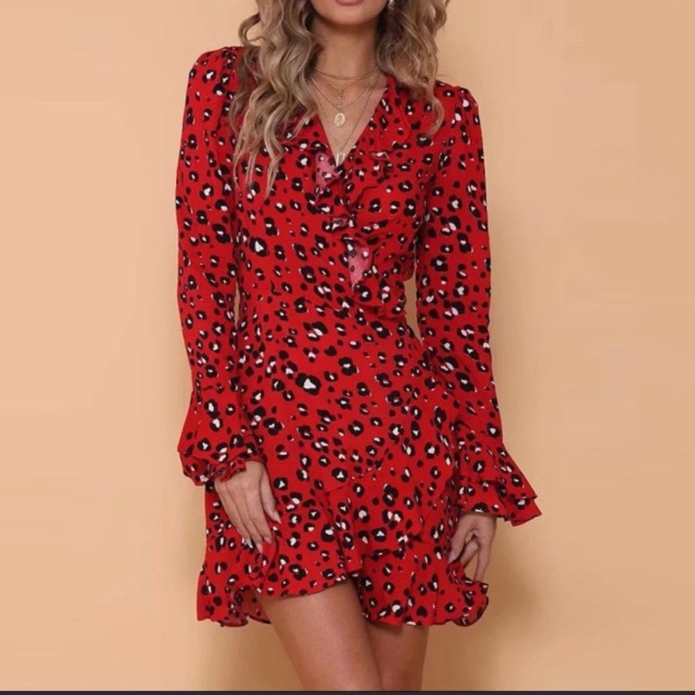 Red Wrap Mini Dress  Red Leopard Print Wrap Dress